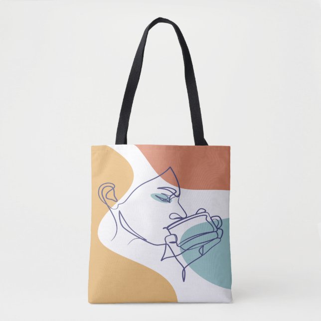 line art drawing poster of woman drinking coffee   tote bag (Front)