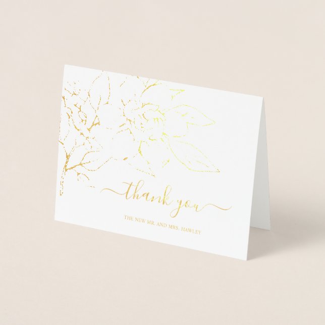 Line Art Floral Elegant Wedding Thank You Foil Card (Front)
