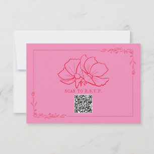 Line Art Floral Pink + Red Wedding RSVP Card