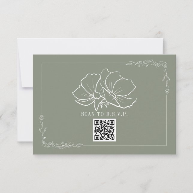 Line Art Floral Sage Green Wedding RSVP Card (Front)