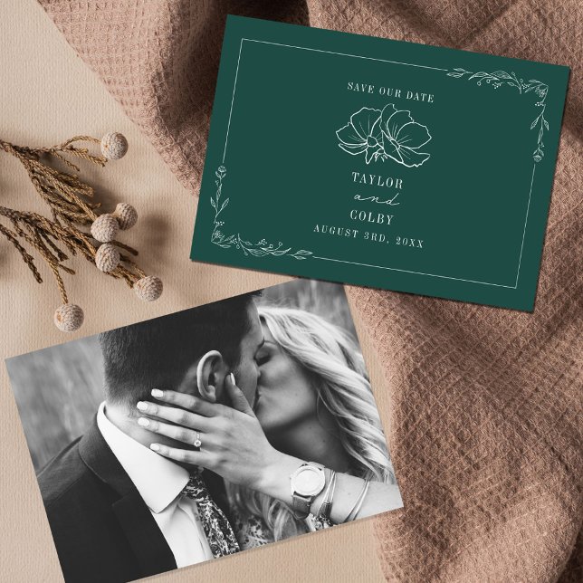 Line Art Floral Wedding Emerald Save The Date (Creator Uploaded)
