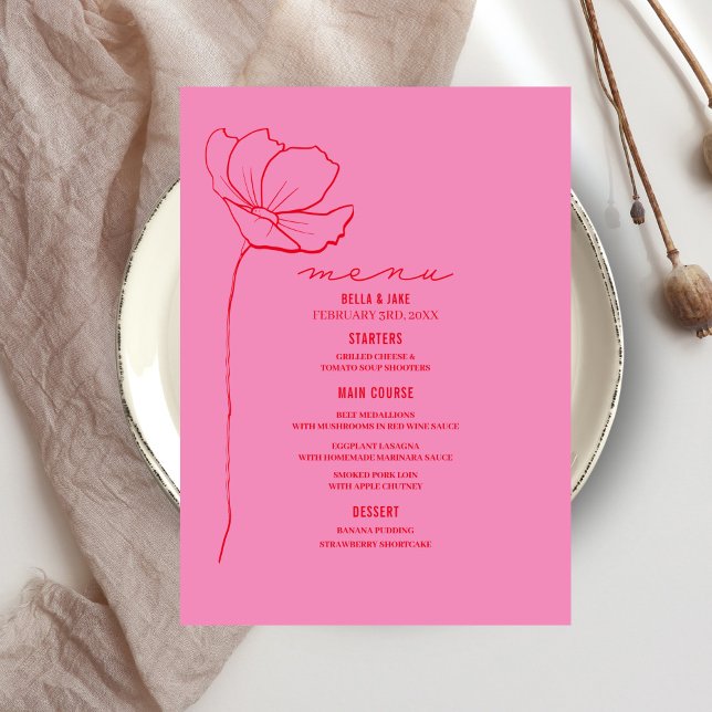 Line Art Flower Pink + Red Wedding Menu (Creator Uploaded)