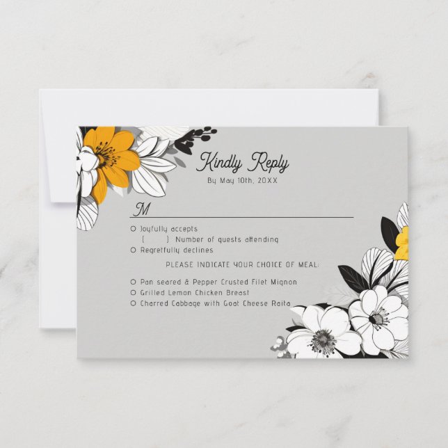 Line-art flowers meal choices RSVP card (Front)