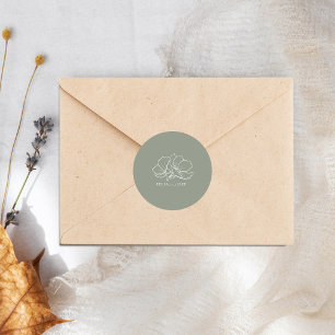 Line Art Flowers Sage Green Wedding Classic Round Sticker