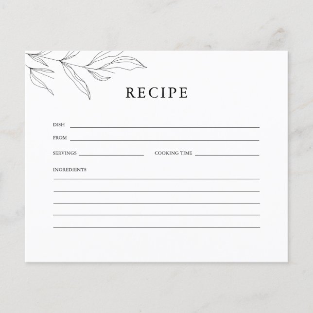 Line Art Foliage Bridal Shower Recipe Card (Front)