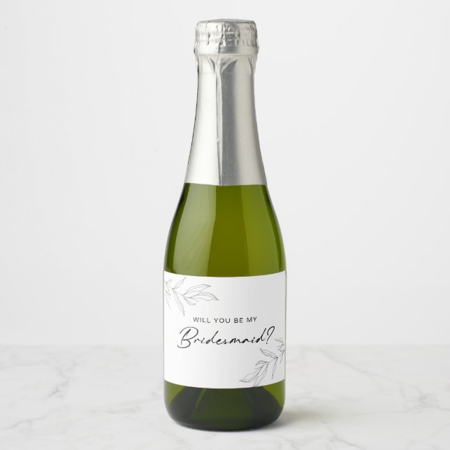 Line Art Foliage Bridesmaid Sparkling Wine Label (Front)