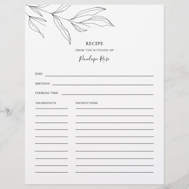Line Art Foliage Leaf Name Recipe Card (Front)
