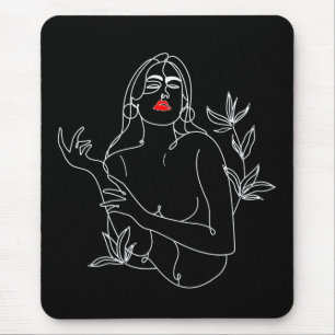 Line Art illustration. Femme en noir et blanc Mouse Pad