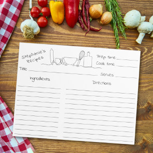 Line art Kitchen Utensils Black and White Recipe Notepad