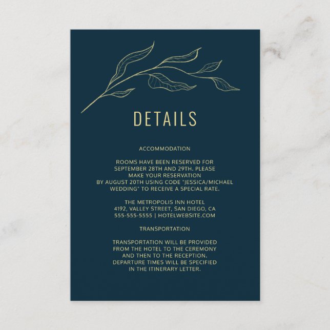 Line Art Leaves Deep Blue Elegant Wedding Details Enclosure Card (Front)