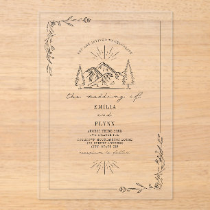 Line Art Mountain Floral Rustic Wedding Acrylic Invitations