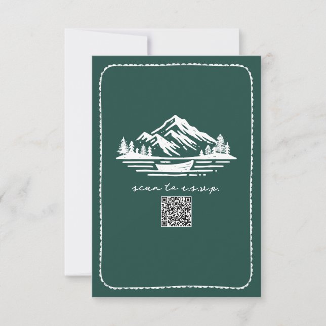 Line Art Mountains Canoe QR Code Wedding RSVP Card (Front)