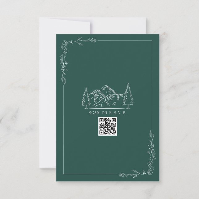 Line Art Mountains Emerald QR Code Wedding RSVP (Front)