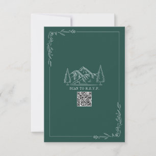 Line Art Mountains Emerald QR Code Wedding RSVP Card