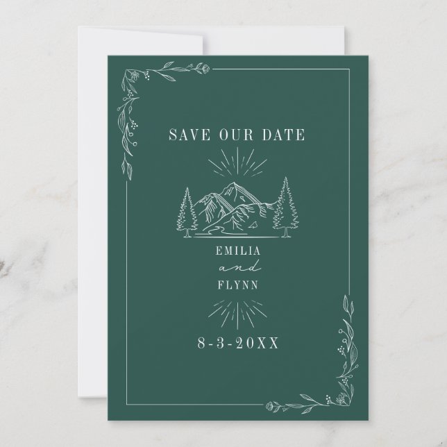 Line Art Mountains Emerald Wedding Save The Date (Front)