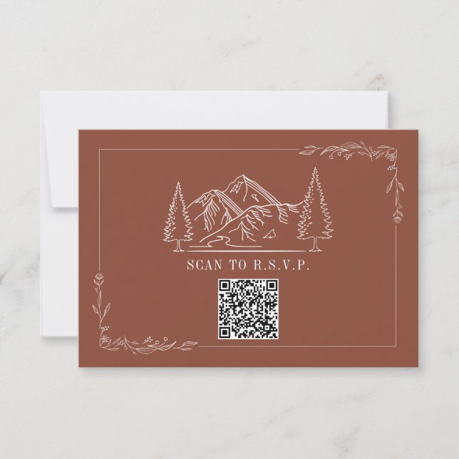 Line Art Mountains Terracotta QR Code Wedding RSVP Card (Front)