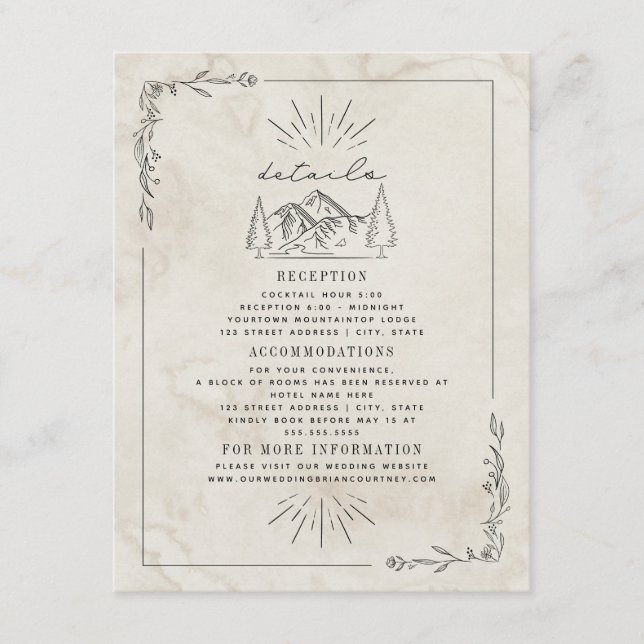 Line Art Mountains Watercolor Wedding Details Enclosure Card (Front)