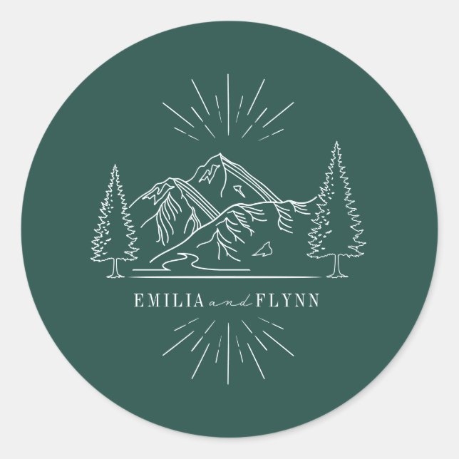 Line Art Mountains Wedding Emerald Wedding Classic Round Sticker (Front)