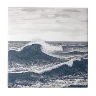 Line Art Ocean Wave Monochrome Surge Ceramic Tile