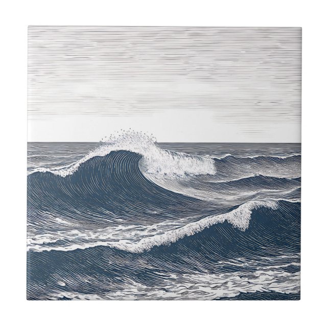 Line Art Ocean Wave Monochrome Surge Ceramic Tile (Front)