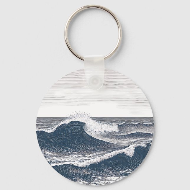 Line Art Ocean Wave Monochrome Surge Key Ring (Front)