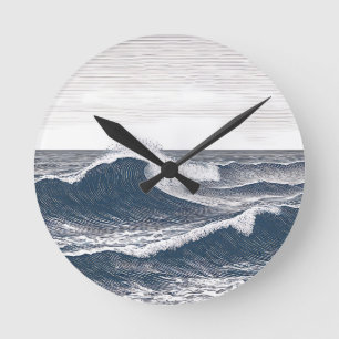 Line Art Ocean Wave Monochrome Surge Round Clock