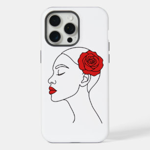Line Art Portrait of Woman with Red Rose iPhone 15 Pro Max Case