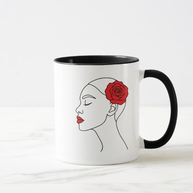 Line Art Portrait of Woman with Red Rose Mug (Right)