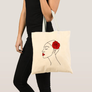 Line Art Portrait of Woman with Red Rose Tote Bag