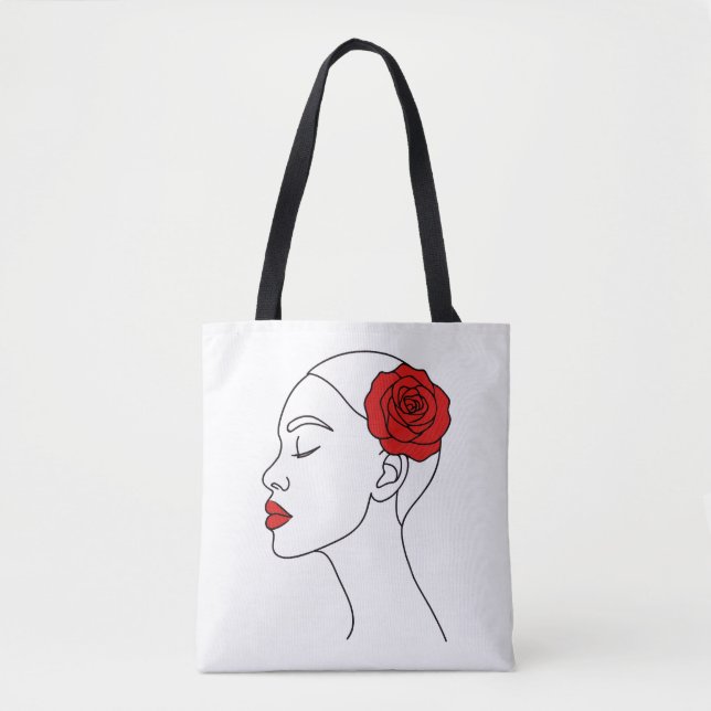 Line Art Portrait of Woman with Red Rose Tote Bag (Front)