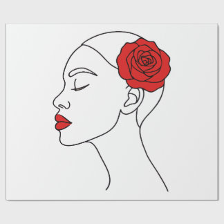 Line Art Portrait of Woman with Red Rose Wrapping Paper