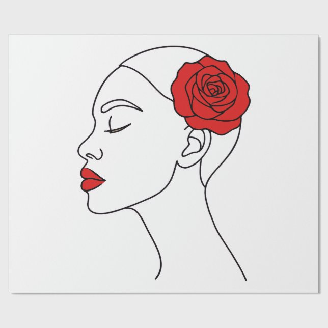 Line Art Portrait of Woman with Red Rose Wrapping Paper (Flat)