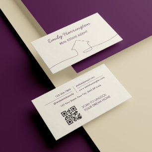 Line Art QR Code Plum Real Estate Agent Business Card