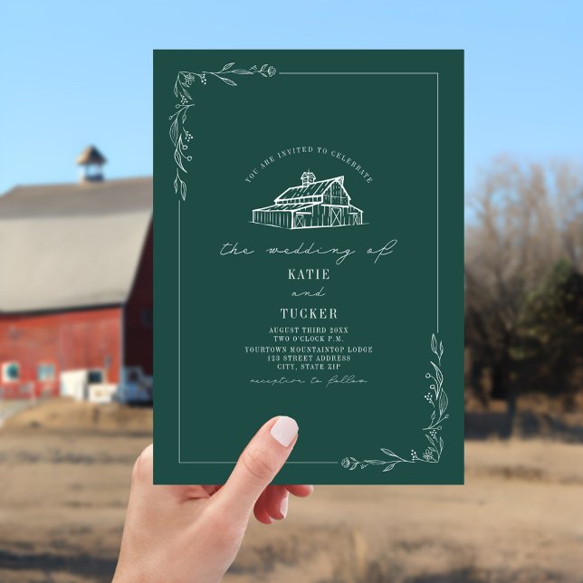 Line Art Rustic Barn Emerald Wedding  Invitation (Creator Uploaded)