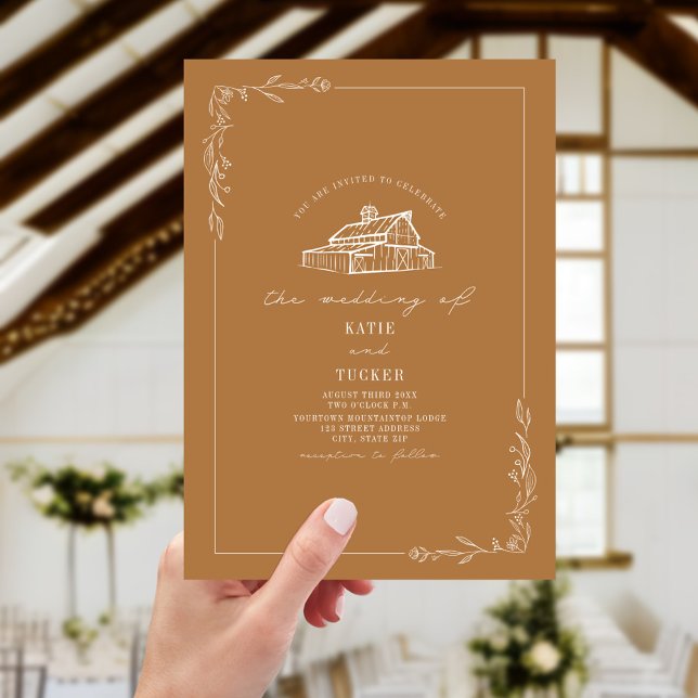 Line Art Rustic Barn Goldenrod Wedding  Invitation (Creator Uploaded)