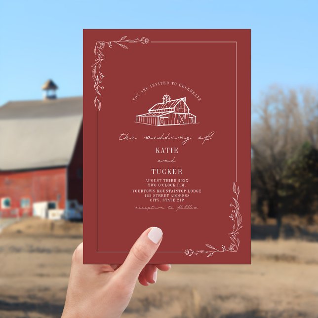 Line Art Rustic Barn Muted Red Wedding  Invitation (Creator Uploaded)