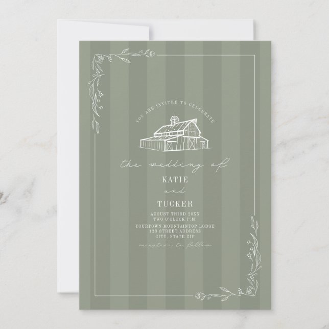 Line Art Rustic Barn Sage Green Stripe Wedding  Invitation (Front)