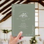 Line Art Rustic Barn Sage Green Wedding  Invitation<br><div class="desc">Illustration of barn at top with line art botanical border.  Background is sage green colour.</div>