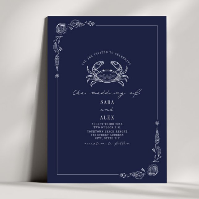 Line Art Rustic Navy Blue Crab Beach Wedding  Invitation (Creator Uploaded)