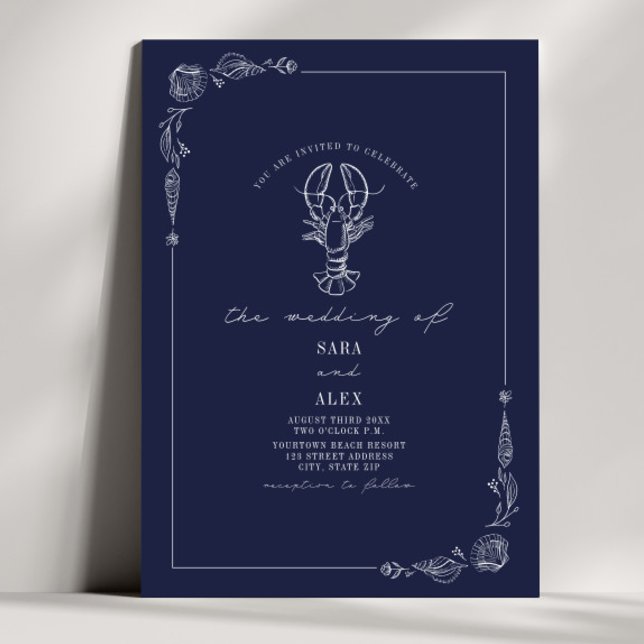 Line Art Rustic Navy Blue Lobster Beach Wedding  Invitation (Creator Uploaded)