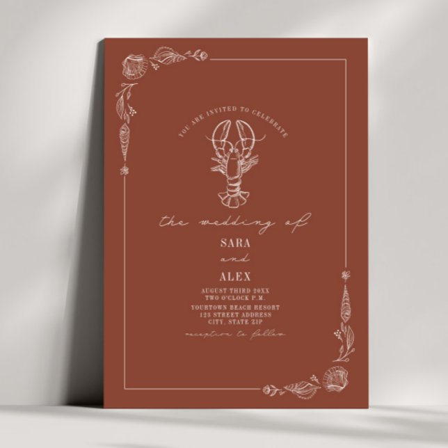 Line Art Rustic Terracotta Lobster Beach Wedding  Invitation (Creator Uploaded)