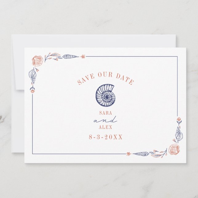 Line Art Seashell Red & Blue Rustic Beach Wedding Save The Date (Front)