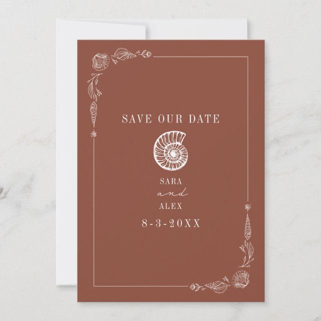 Line Art Seashell Terracotta Rustic Beach Wedding Save The Date (Front)