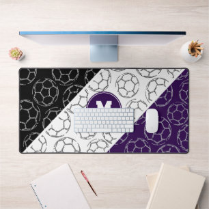 line art soccer balls on purple white black desk mat