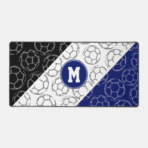 line art soccer balls pattern on blue white black desk mat