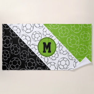 line art soccer balls pattern on green white black beach towel