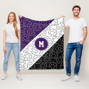 line art soccer balls pattern on purple black fleece blanket