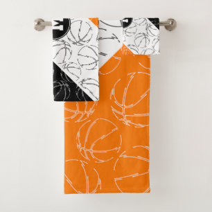 line art sports basketballs on black orange white bath towel set