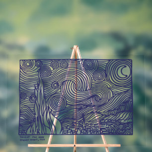 Line Art Starry Night Stretched Canvas Print Acrylic Sign