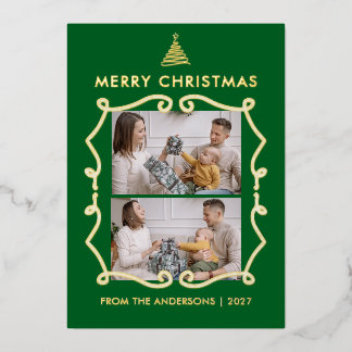 Line Art Tree Whimsical Frame 2 Photo Christmas Foil Holiday Card
